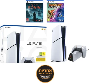 באנדל PS5 Slim 1TB + שני משחקים ועמדת טעינה